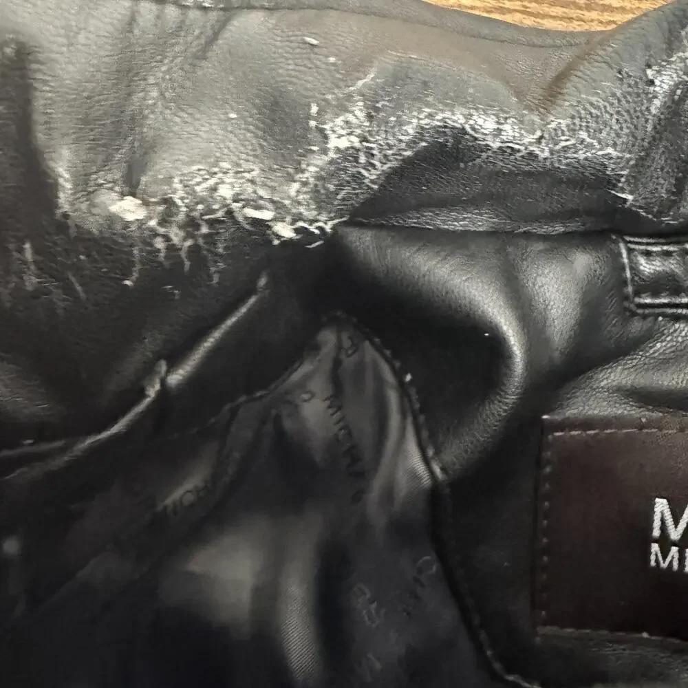 Michael Kors Men’s Black Faux Leather Jacket Size L Damage to Neck Area